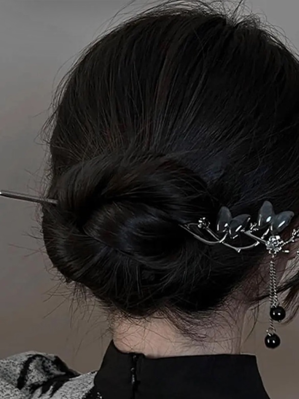 Two Butterflies On A Branch Elegant Black Floral Hair Pin